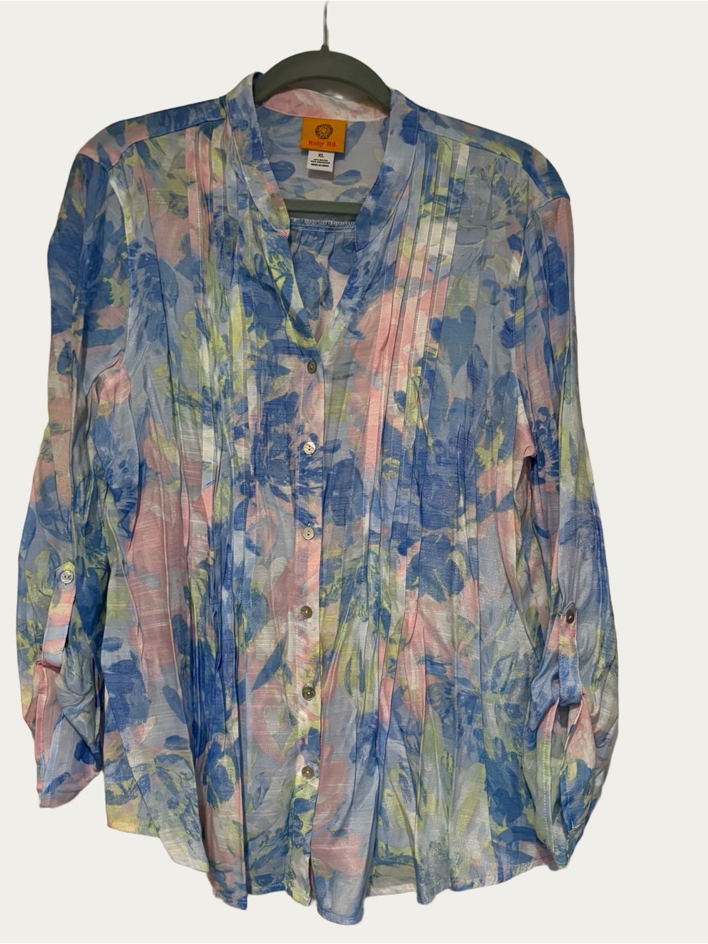 Ruby Rd. Floral Sheer Button-Front Shirt - XL Blue Pink Green Spring Summer